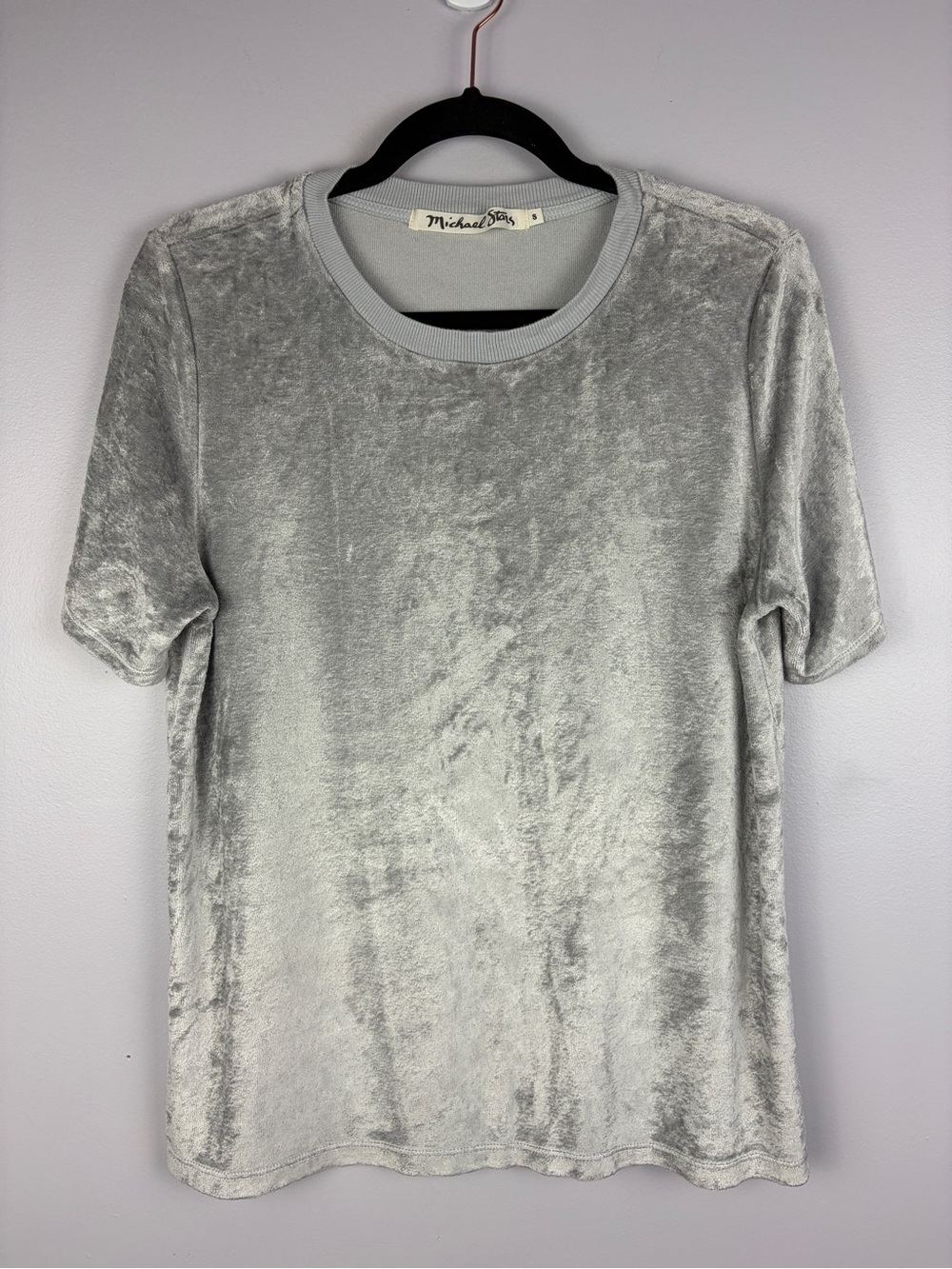 Michael Stars Silver Gray Crushed Velvet Short Sleeve Top Size S Made USA